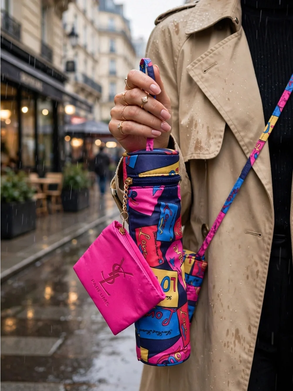 Yves Saint Laurent Pink and Blue Patterned Crossbody Pouch with Gold Logo